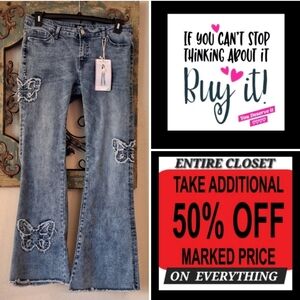 Simple Society Light Blue Butterfly Appliqué Flared Jeans. NWT Size 13